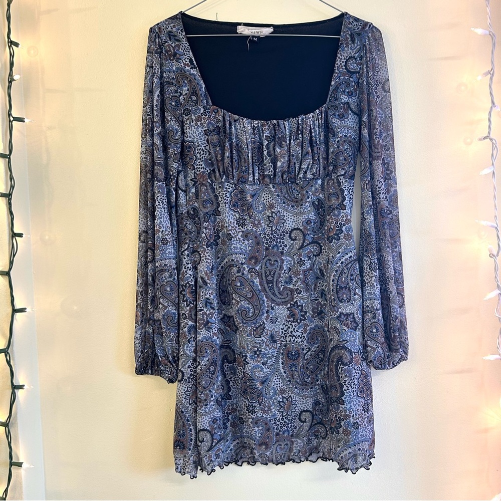 Urban Outfitters Renewal Paisley Mini y2k Dress Sz Md Babydoll Blue Floral Fairy - Picture 2 of 13